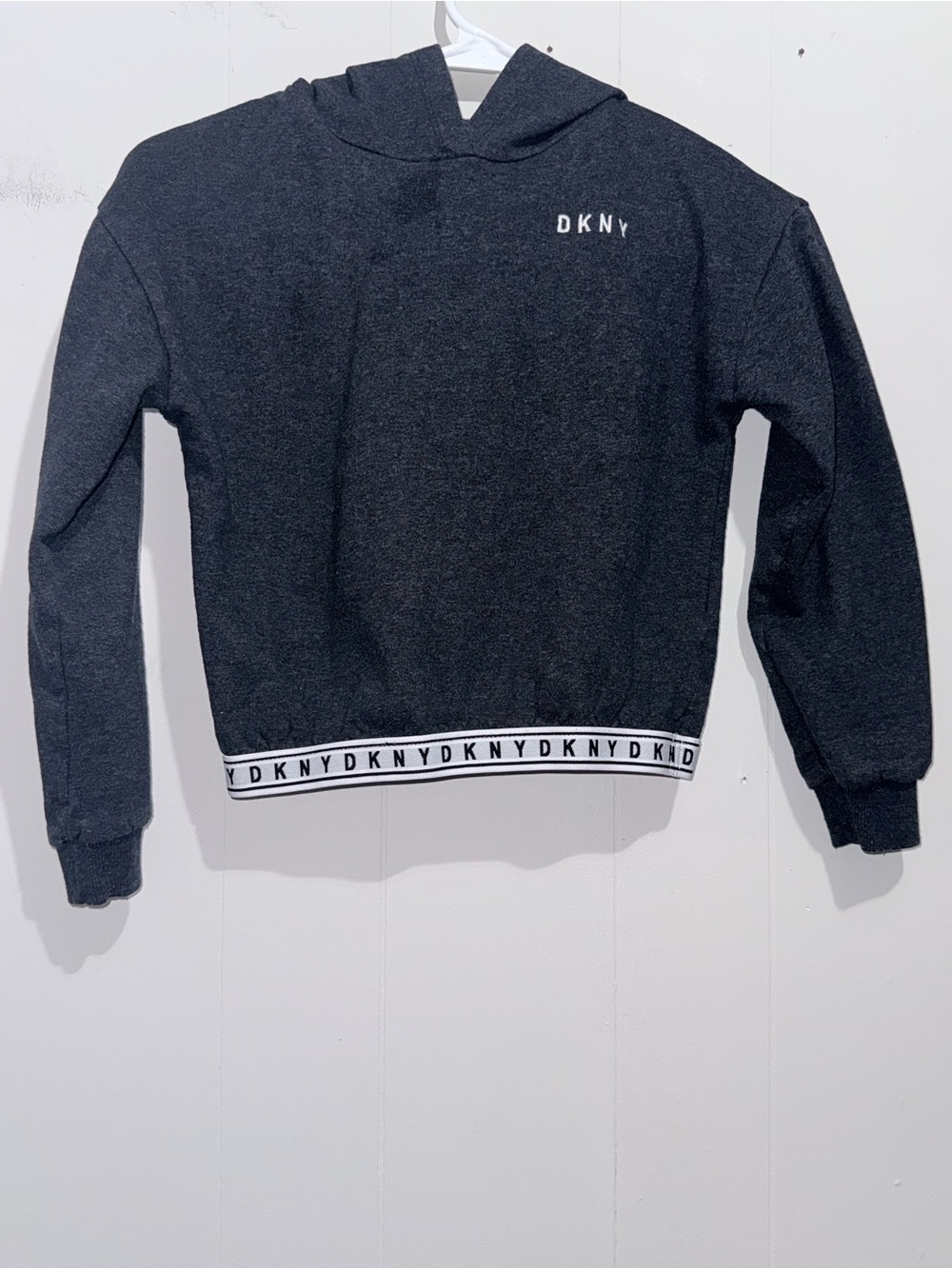 DKNY Girls Charcoal Gray Cropped Logo Pullover Hoodie Size 6X EUC